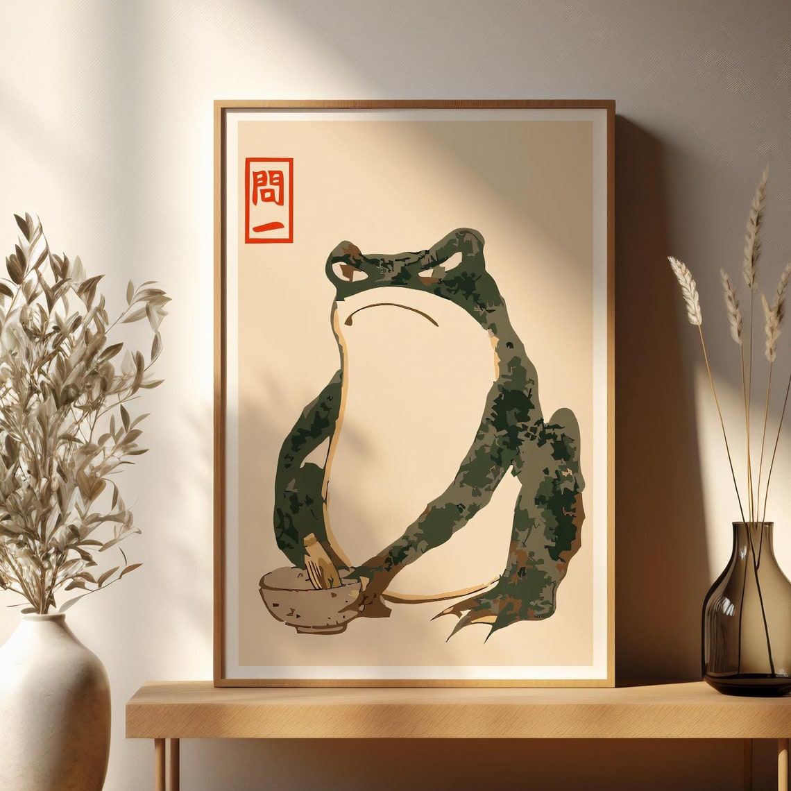 Grumpy Japanese Frog Sitting with Bowl Woodblock Style Poster