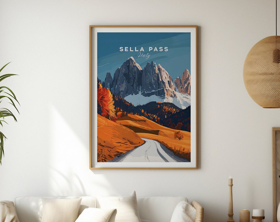 Sella Pass Italy Dolomites Mountain Road Vintage Travel Poster