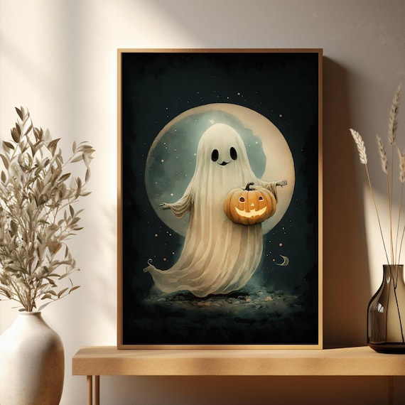 Cute Little Ghost with Jack O Lantern under Halloween Moon Poster