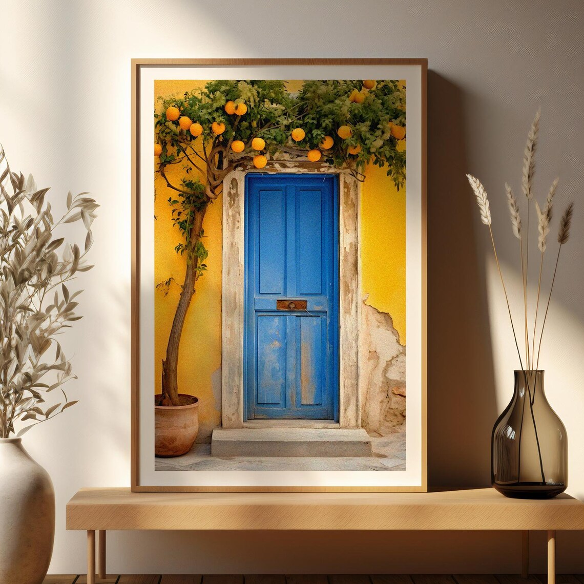 Blue Door Orange Tree Mediterranean Sunlit Vintage Wall Poster - Image 2
