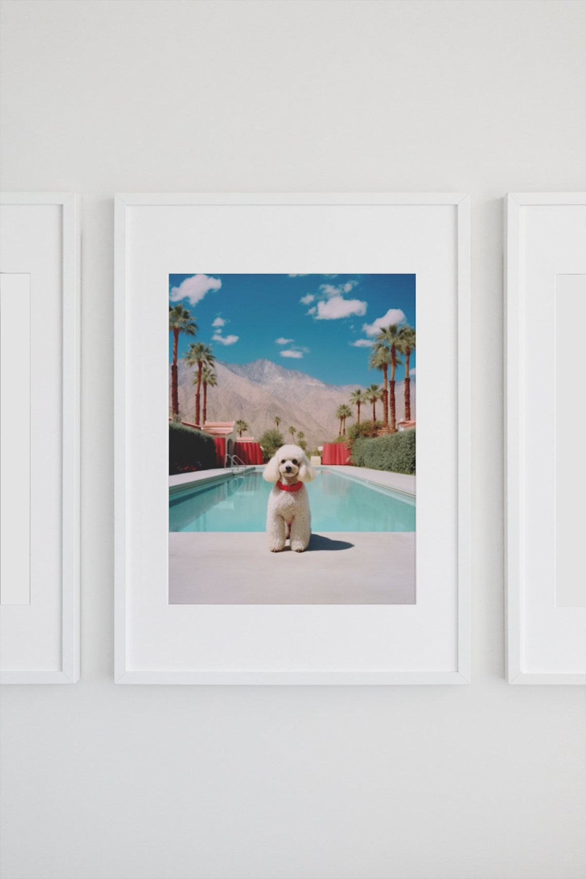 White Poodle Sitting Poolside with Desert Mountains Retro Poster - Image 2