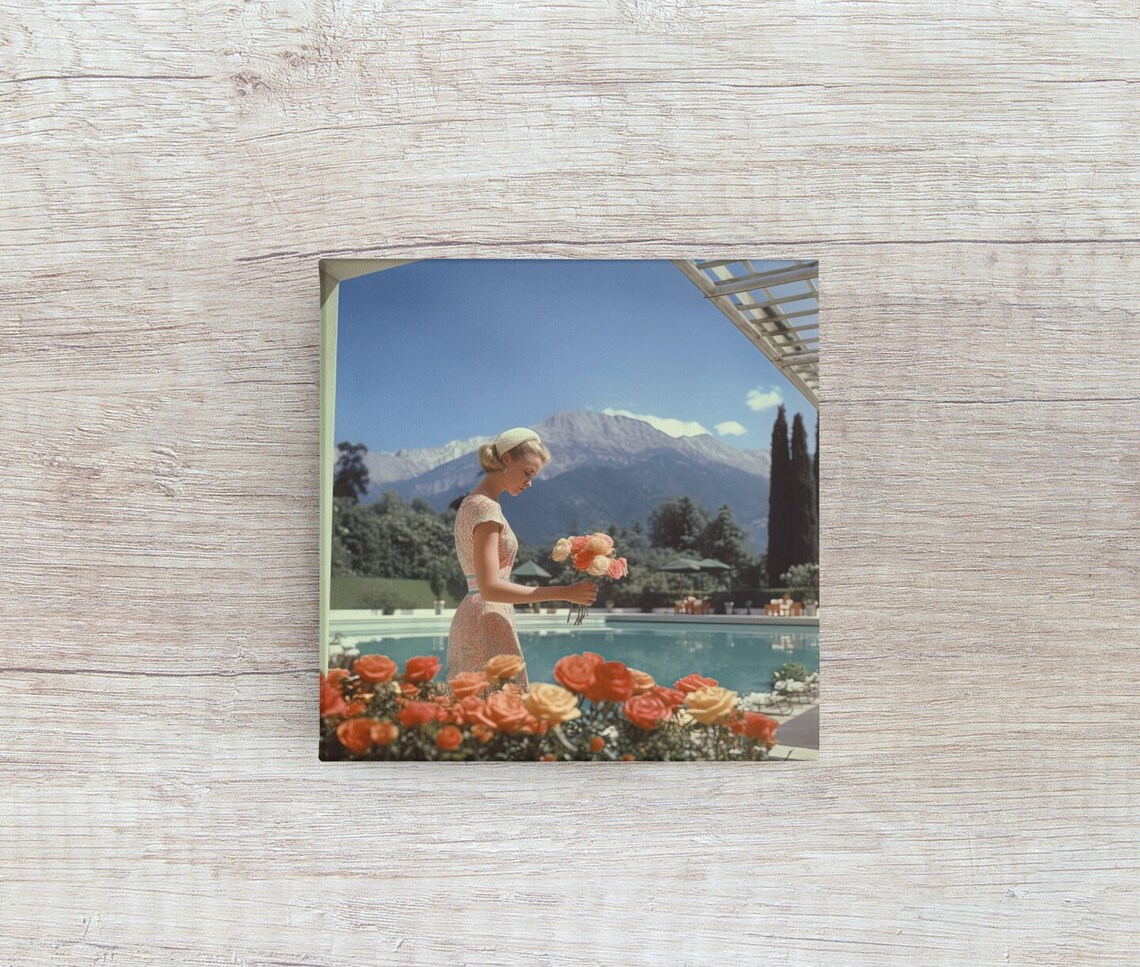 Vintage Poolside Woman Picking Roses Retro Mountain Art Poster - Image 2