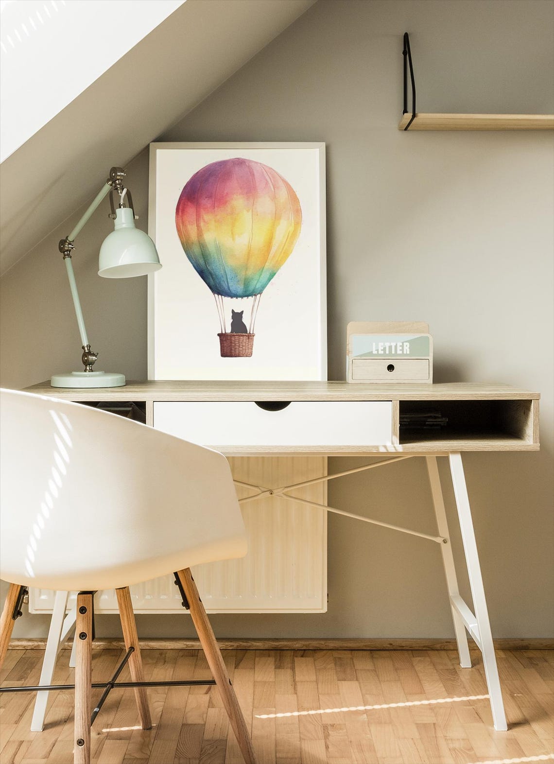 Rainbow Watercolor Balloon With Black Cat In Basket Kids Poster - Image 2