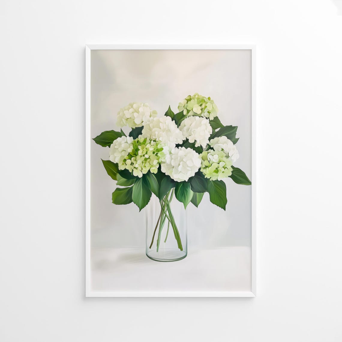 White Hydrangea Bouquet Glass Vase Minimalist Botanical Art Poster