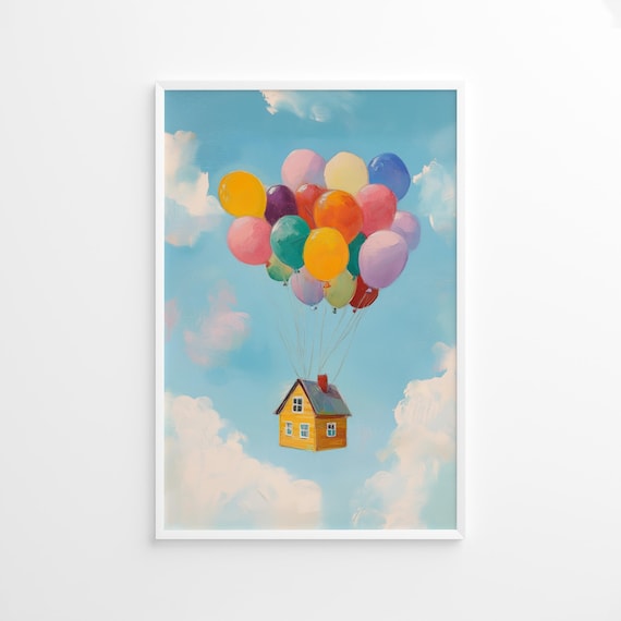 Floating Balloon House Whimsical Nursery Cloudscape Art Poster