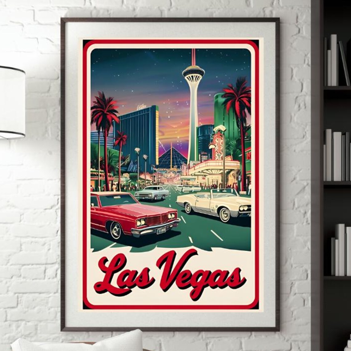 Las Vegas Night Strip Stratosphere Classic Cars Retro Poster