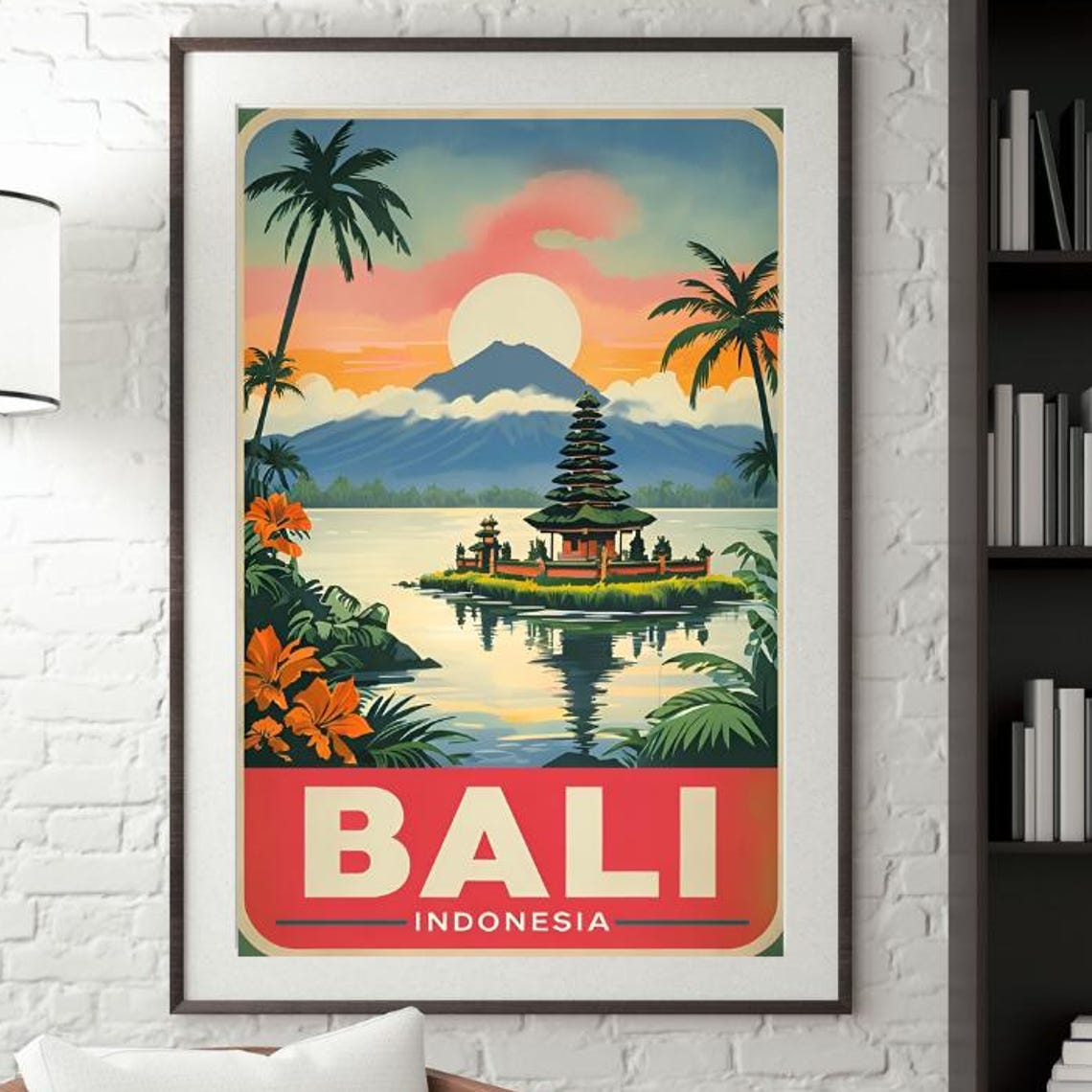 Bali Indonesia Ulun Danu Temple Lake Sunset Palms Art Poster