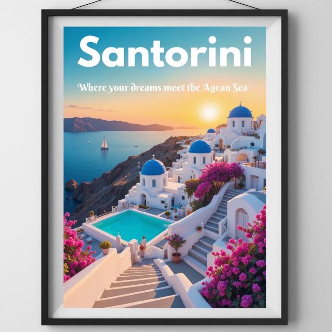 Santorini Blue Domes Infinity Pool Sunset Aegean Sea View Poster