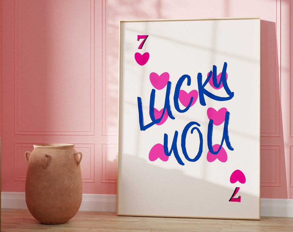 Lucky You Pink Hearts Romantic Blue Script Seven Card Poster - Image 4