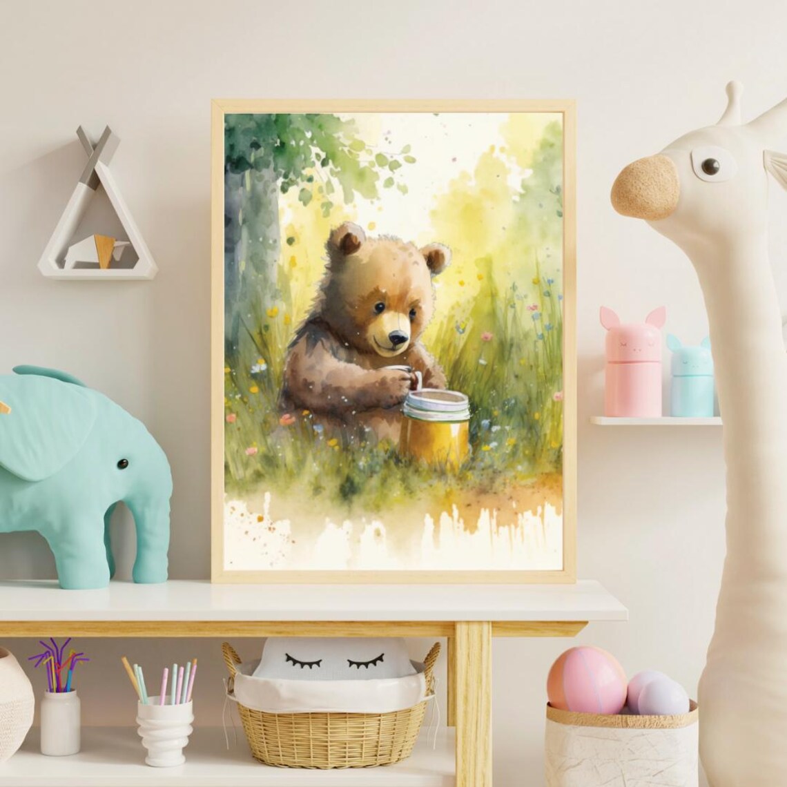 Brown Bear Cub Holding Honey Jar Meadow Wildflowers Watercolor Poster - Image 2