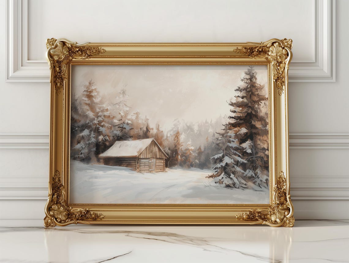 Snow Covered Log Cabin Among Tall Pine Trees Winter Scene Poster - Image 2