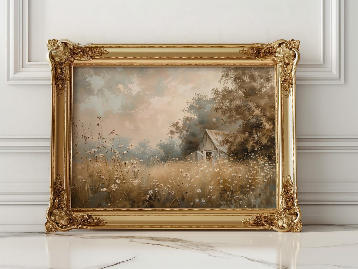 Weathered Old Barn Among Wildflowers At Sunrise Painting Poster - Image 2