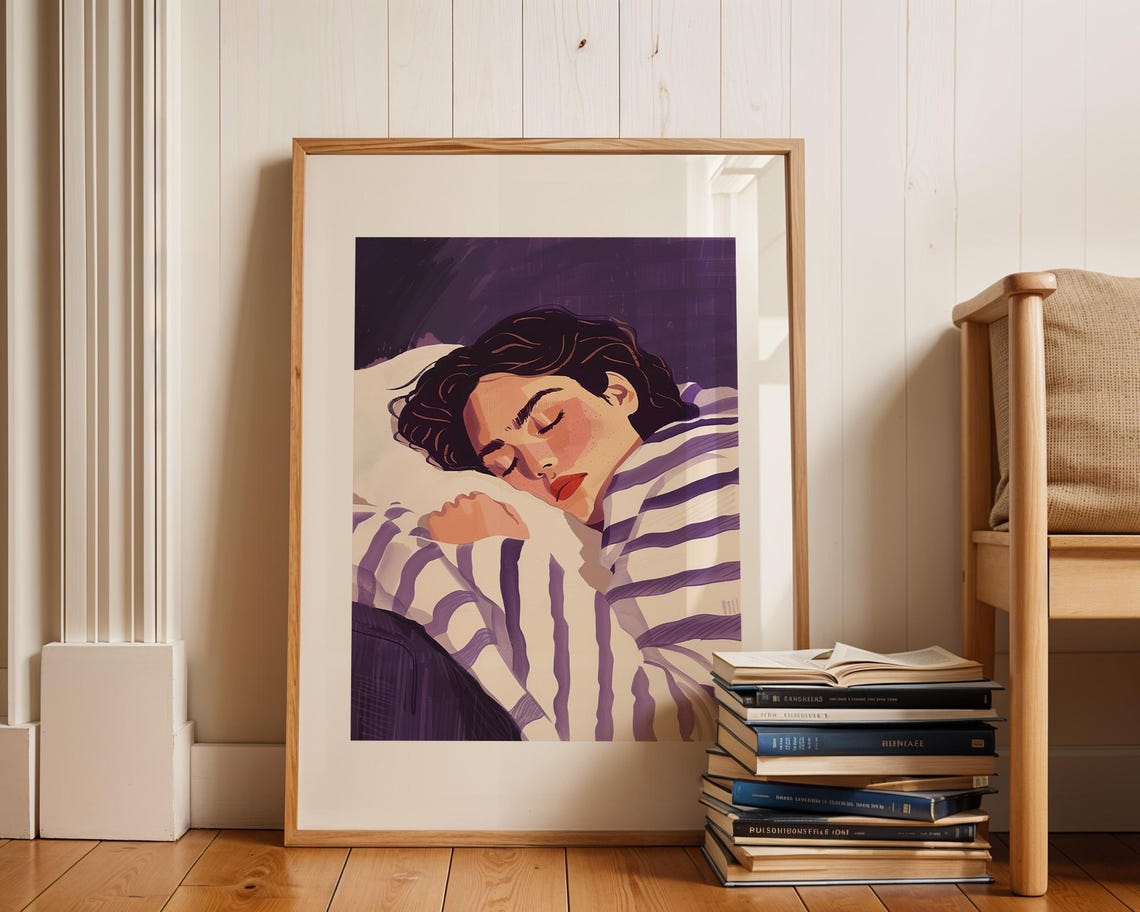 Sleeping Woman In Purple Striped Top Calm Vintage Art Poster - Image 2