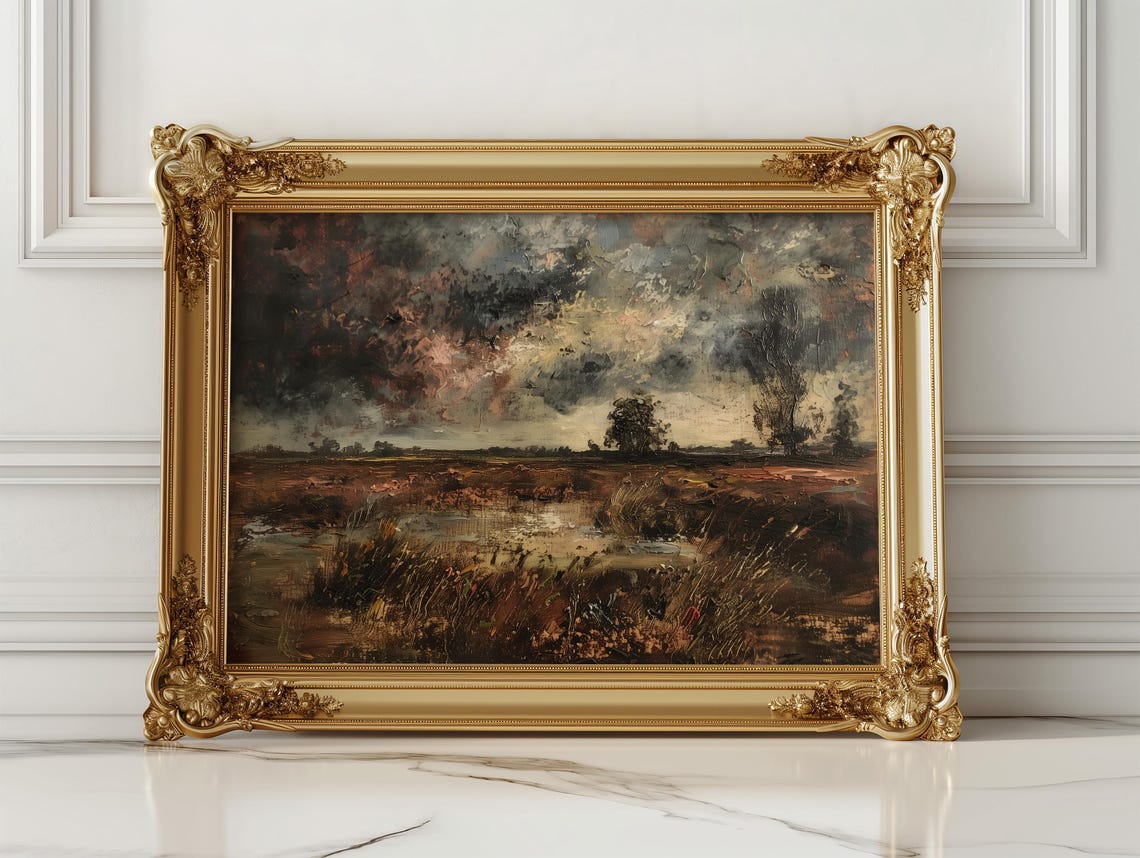 Dramatic Stormy Dusk Marsh With Copper Clouds Painting Poster - Image 2