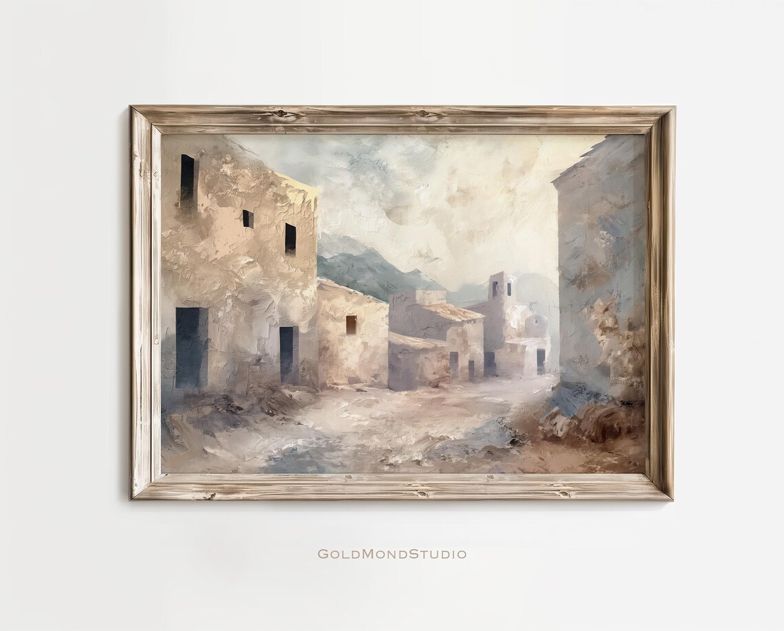 Sunlit Mediterranean Stone Village Street Vintage Painting Poster