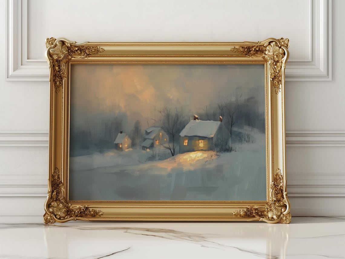 Snowy Winter Village Dusk Cozy Cabin Vintage Oil Painting Poster - Image 3