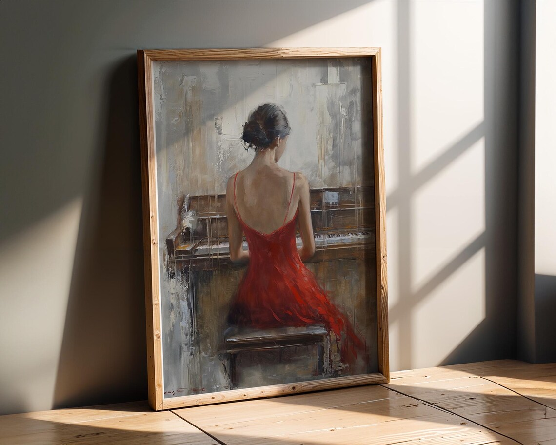 Elegant Woman In Red Dress Playing Piano Impressionist Poster - Image 2