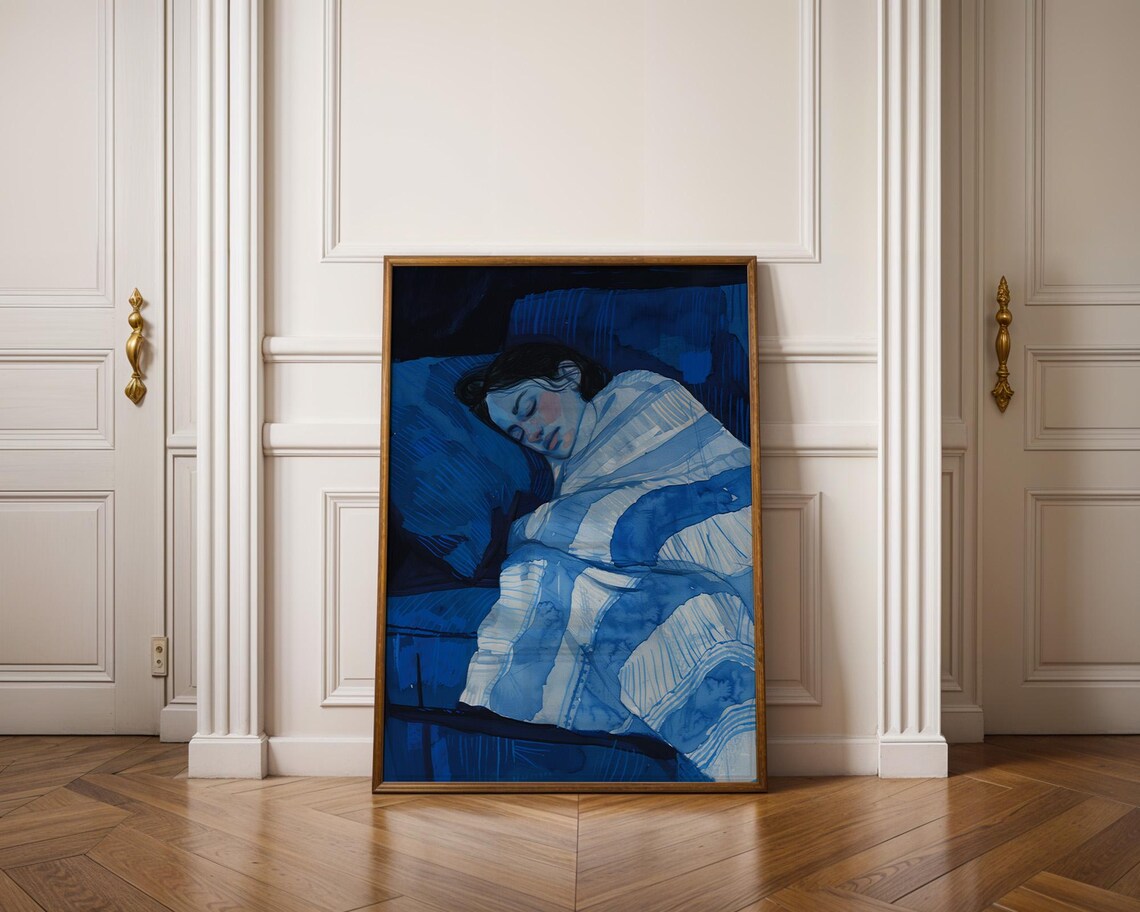 Sleeping Woman in Monochrome Blue Watercolor with Striped Blanket Poster - Image 2