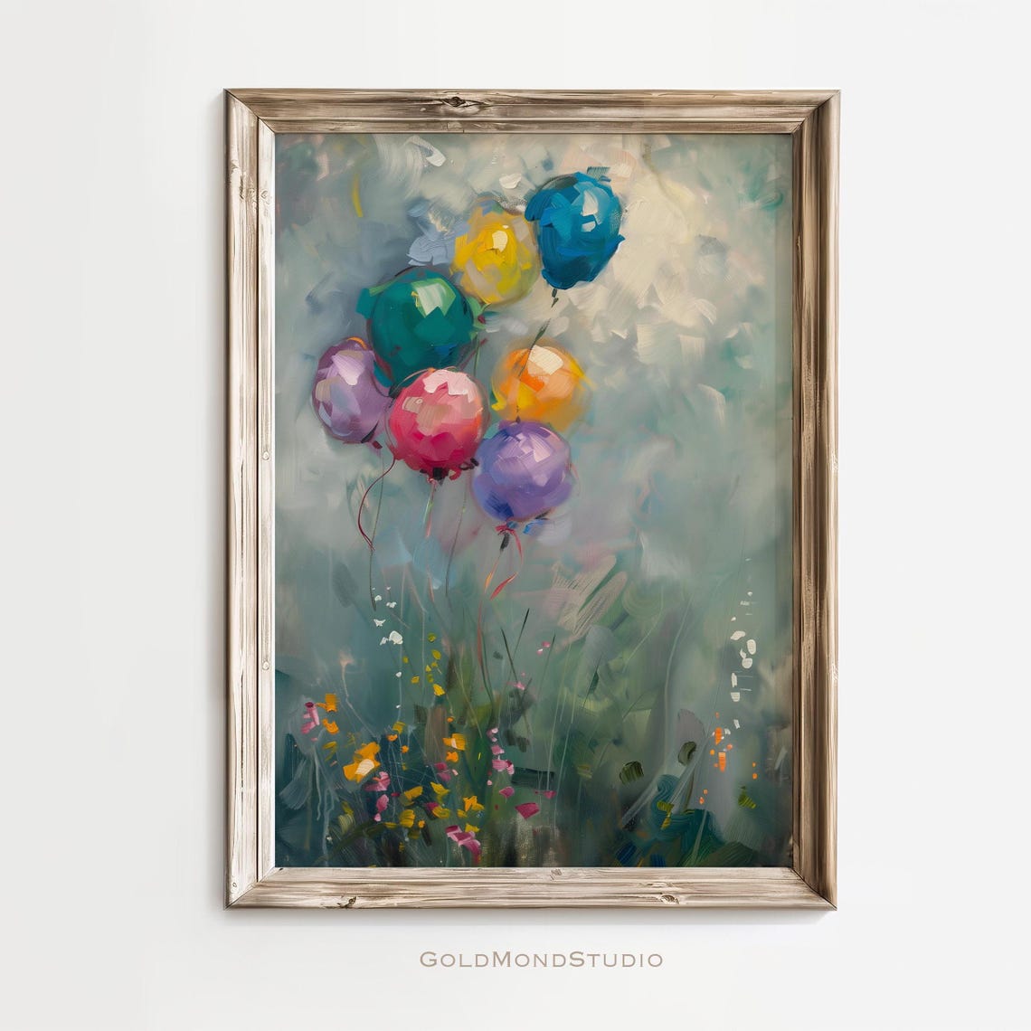 Colorful Balloons Wildflower Meadow Oil Painting Nursery Poster