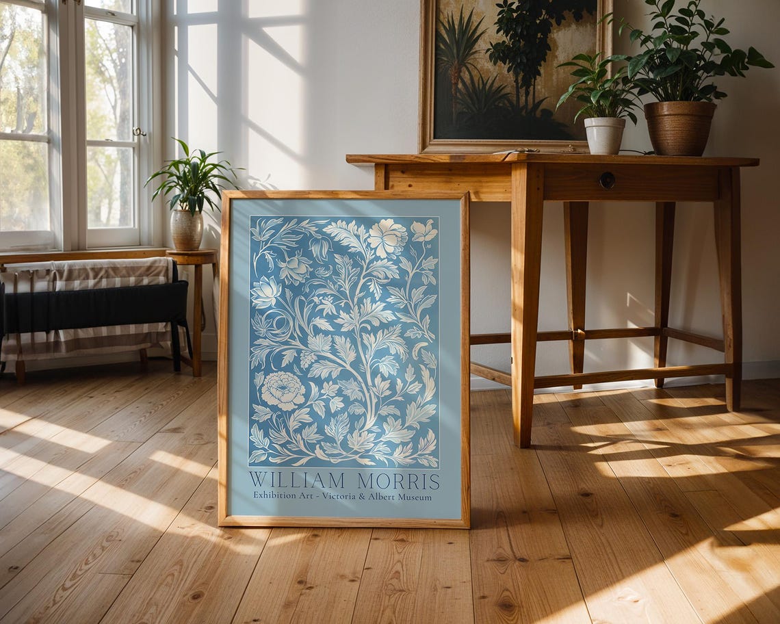 William Morris Dusty Blue White Floral V&A Exhibition Art Poster - Image 3