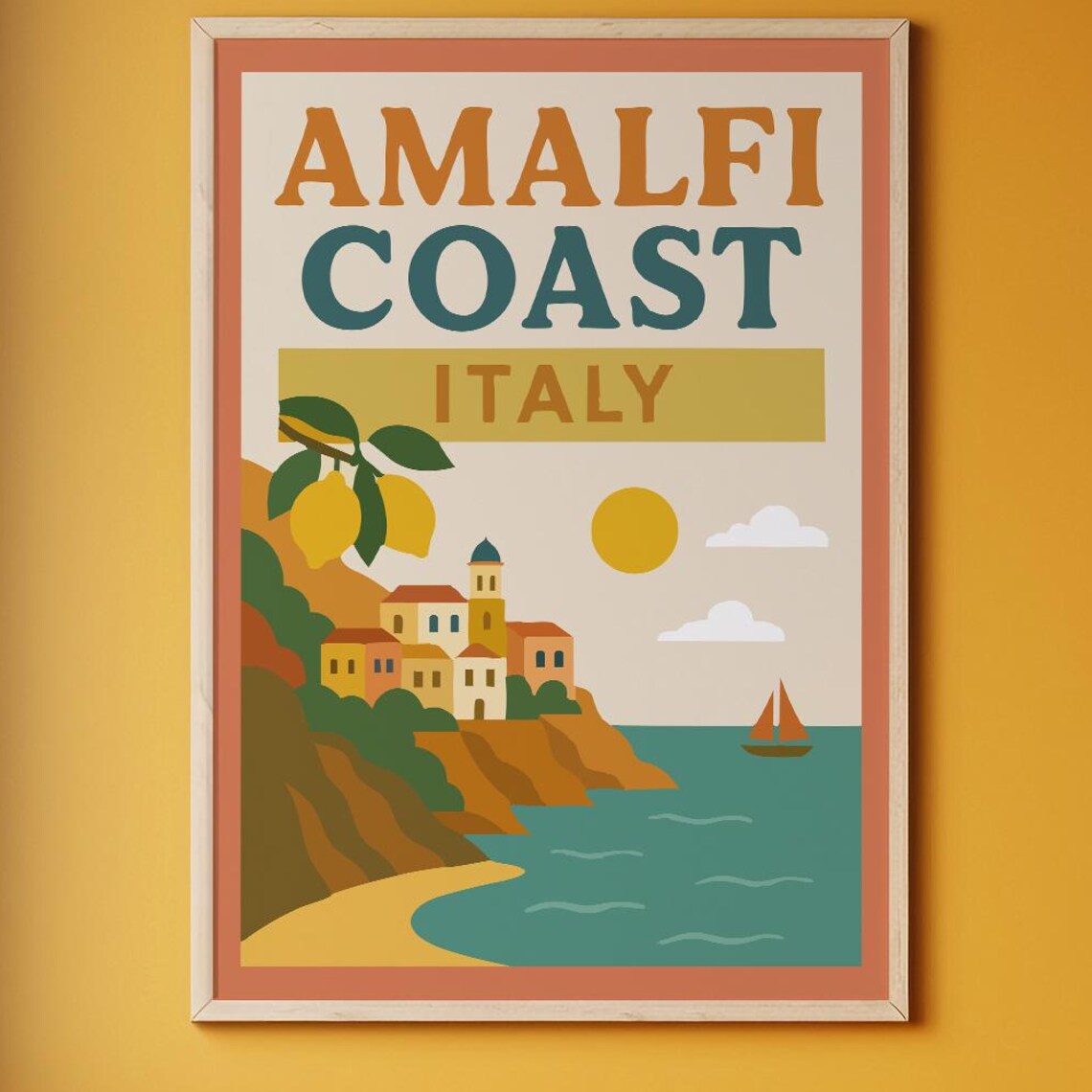 Amalfi Coast Italy Retro Travel Poster Lemon Village Sailboat Sea Art - Image 6