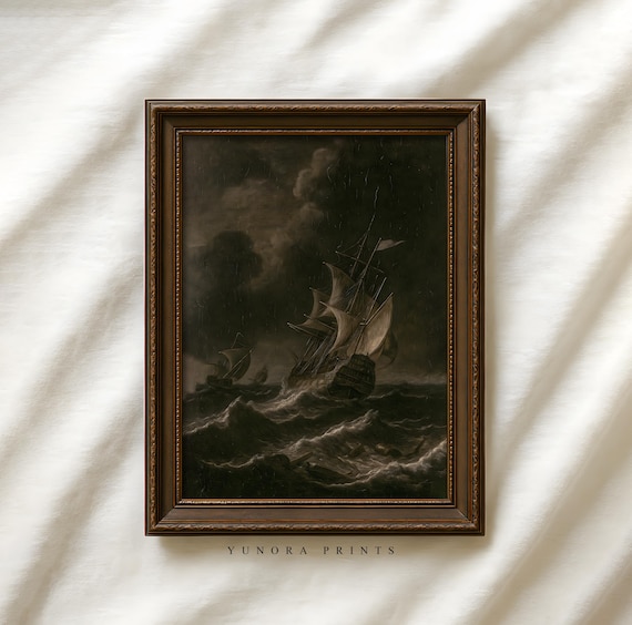 Stormy Sea Tall Ship Dark Moody Maritime Waves Vintage Art Poster