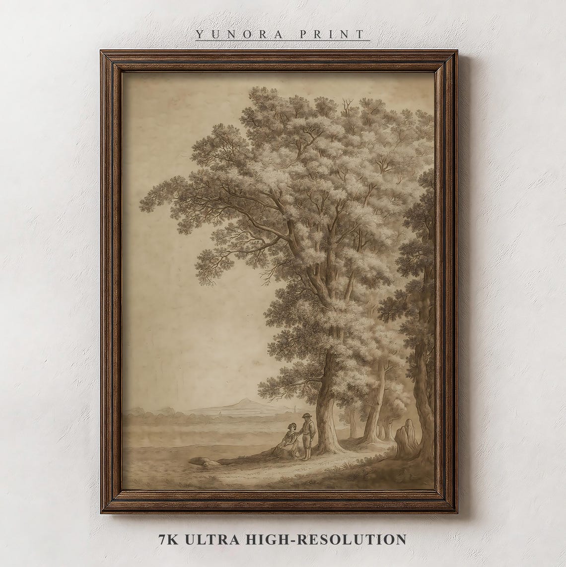 Ancient Tree Sepia Sketch Poster Two Figures Resting Beneath Branches