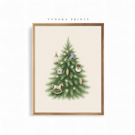 Christmas Tree with Vintage Ornaments Minimalist Holiday Poster