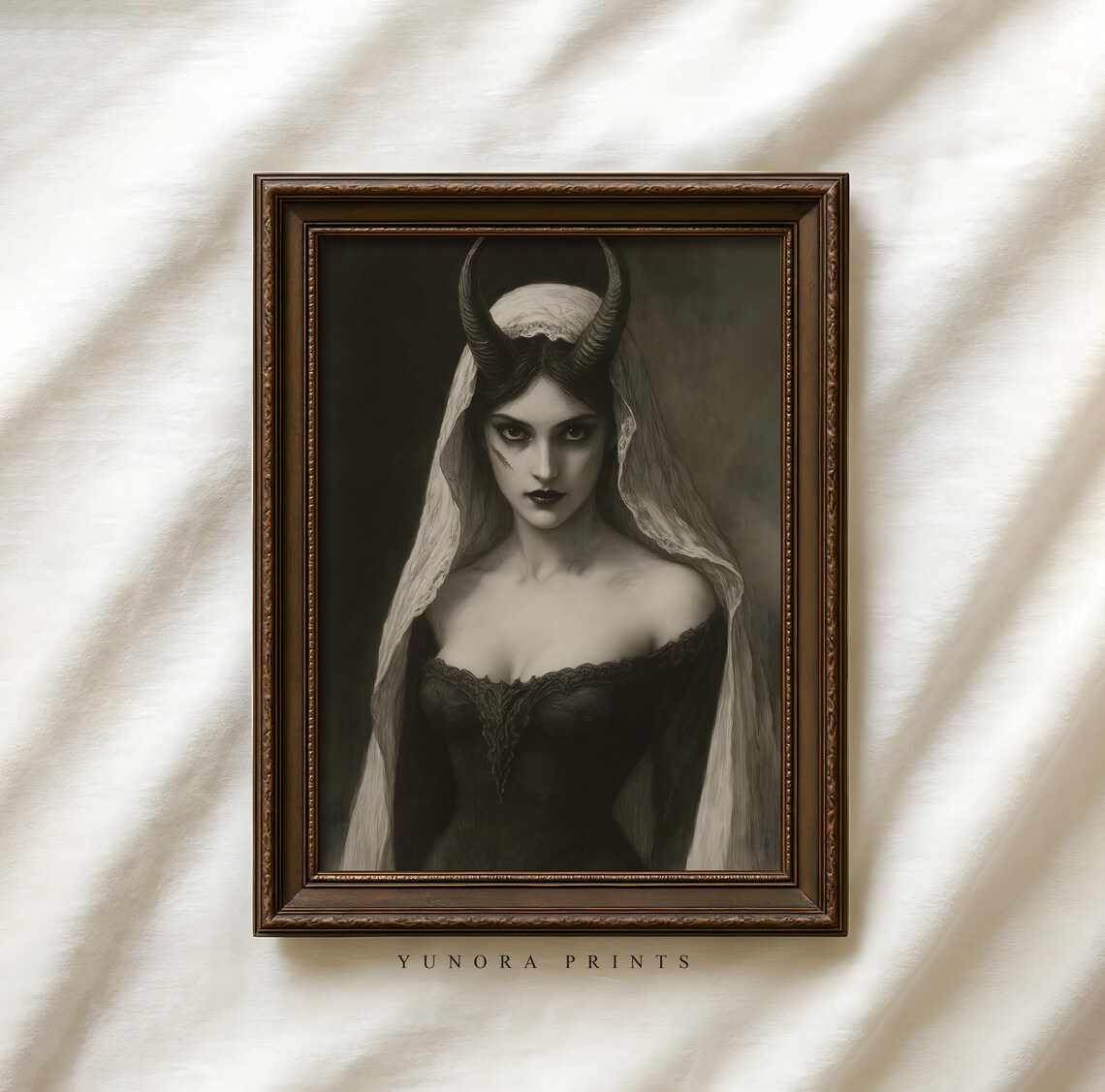 Demon Bride Halloween Art Print Spooky Horned Woman Creepy Gothic Wall Decor