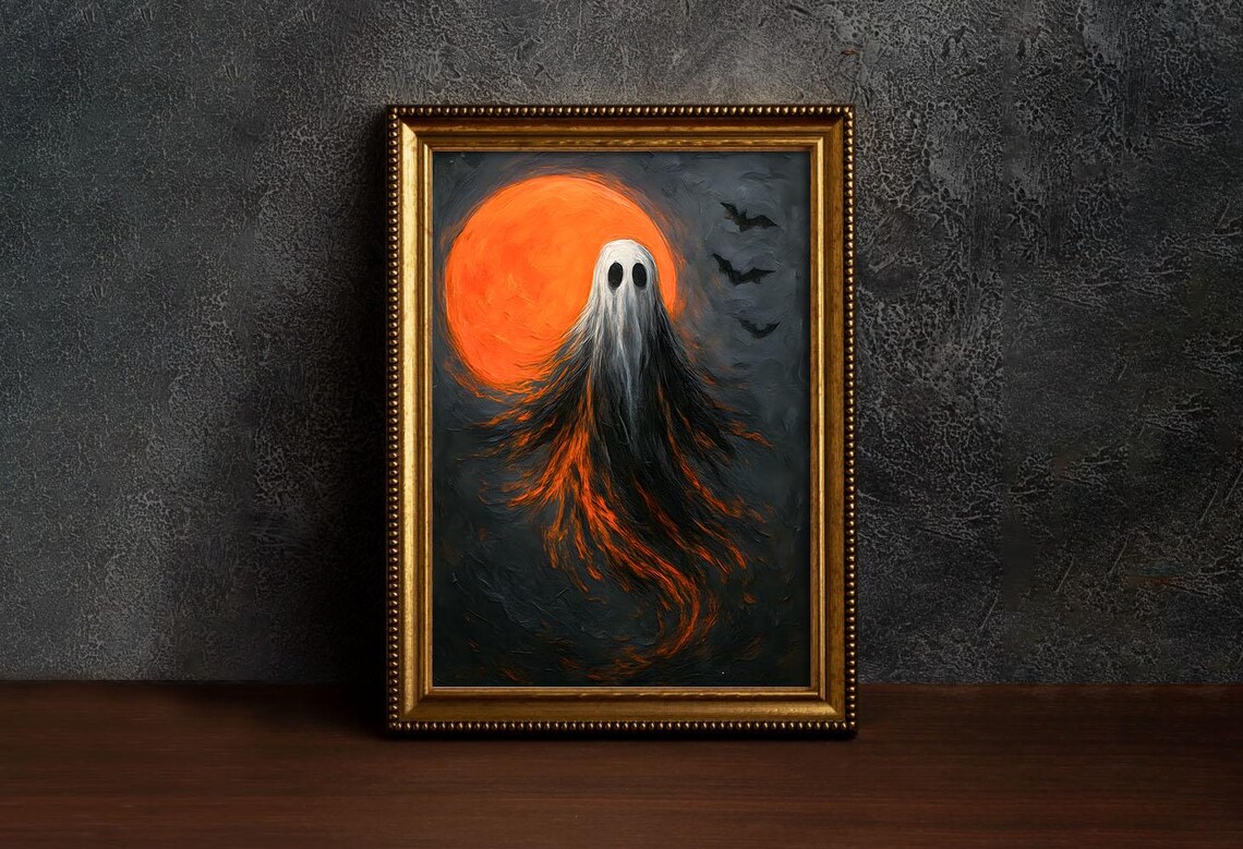 Spooky Orange Moon Print Halloween Ghotic Bats Poster Scary Wall Decor Flaying Haunted Artwork