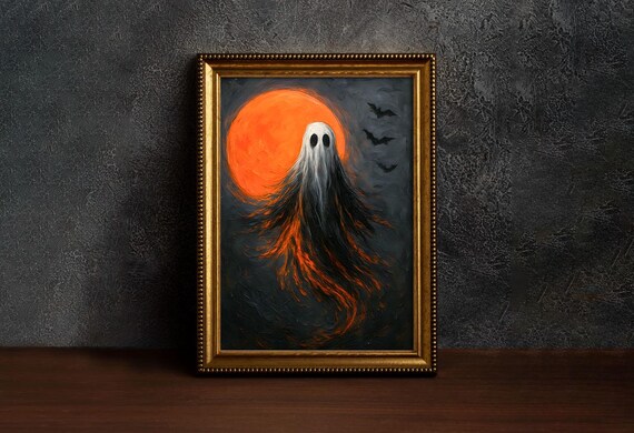Spooky Orange Moon Print Halloween Ghotic Bats Poster Scary Wall Decor Flaying Haunted Artwork