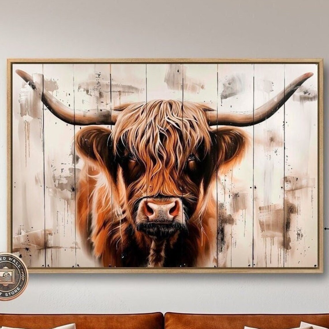 Highland Cow Portrait Rustic Wood Plank Watercolor Farm Art Poster