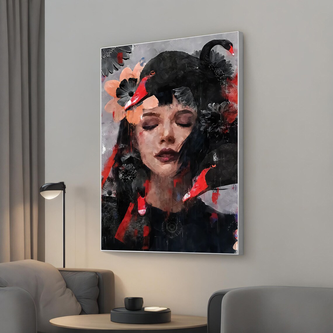 Black Swan Woman Painting Dramatic Red Black Floral Portrait Poster