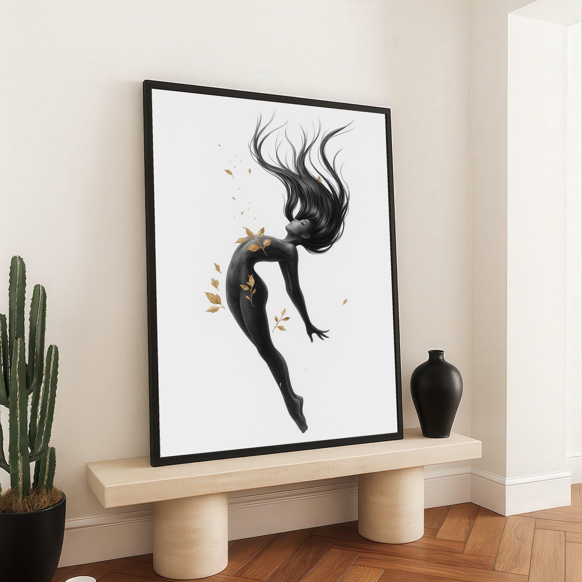 Floating Black Silhouette Woman With Golden Leaves Art Poster