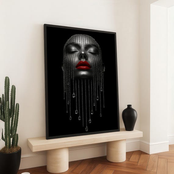 Luxury Face Canvas Print With Chains And Red Lips Dramatic Glam Portrait In Black Silver Modern Fashion Wall Art