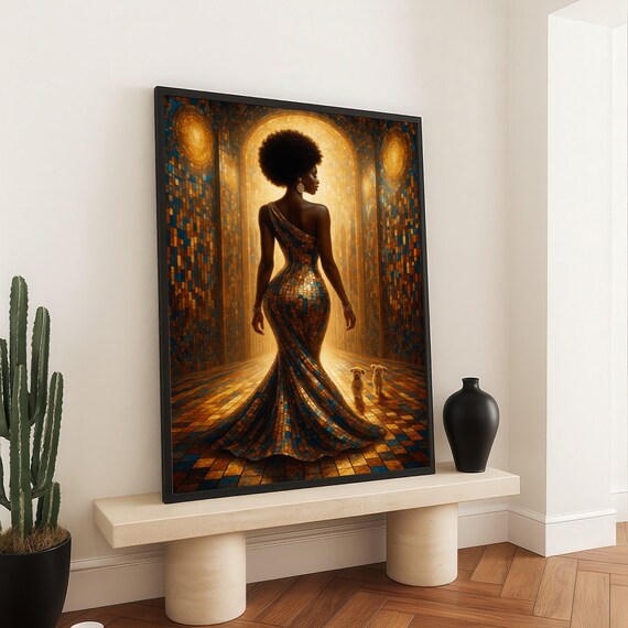 Elegant Black Woman in Mosaic Gown Poster Gold Blue Opulent Corridor Art