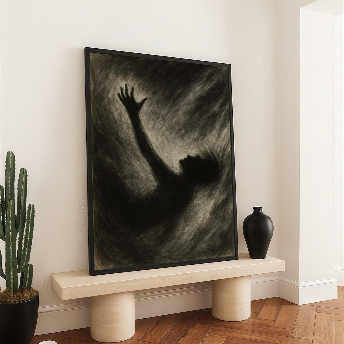 Abstract Dark Silhouette Canvas Reaching Hand Wall Art Moody Shadow Figure Dramatic Black And White Emotional Expression Artwork