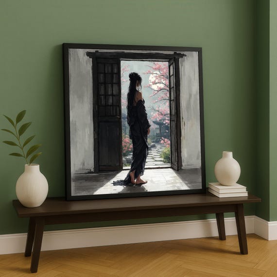 Serene Moonlit Garden Woman In Black Kimono Canvas Cherry Blossom Wall Art Japanese Style Home Decor Nature Pathway