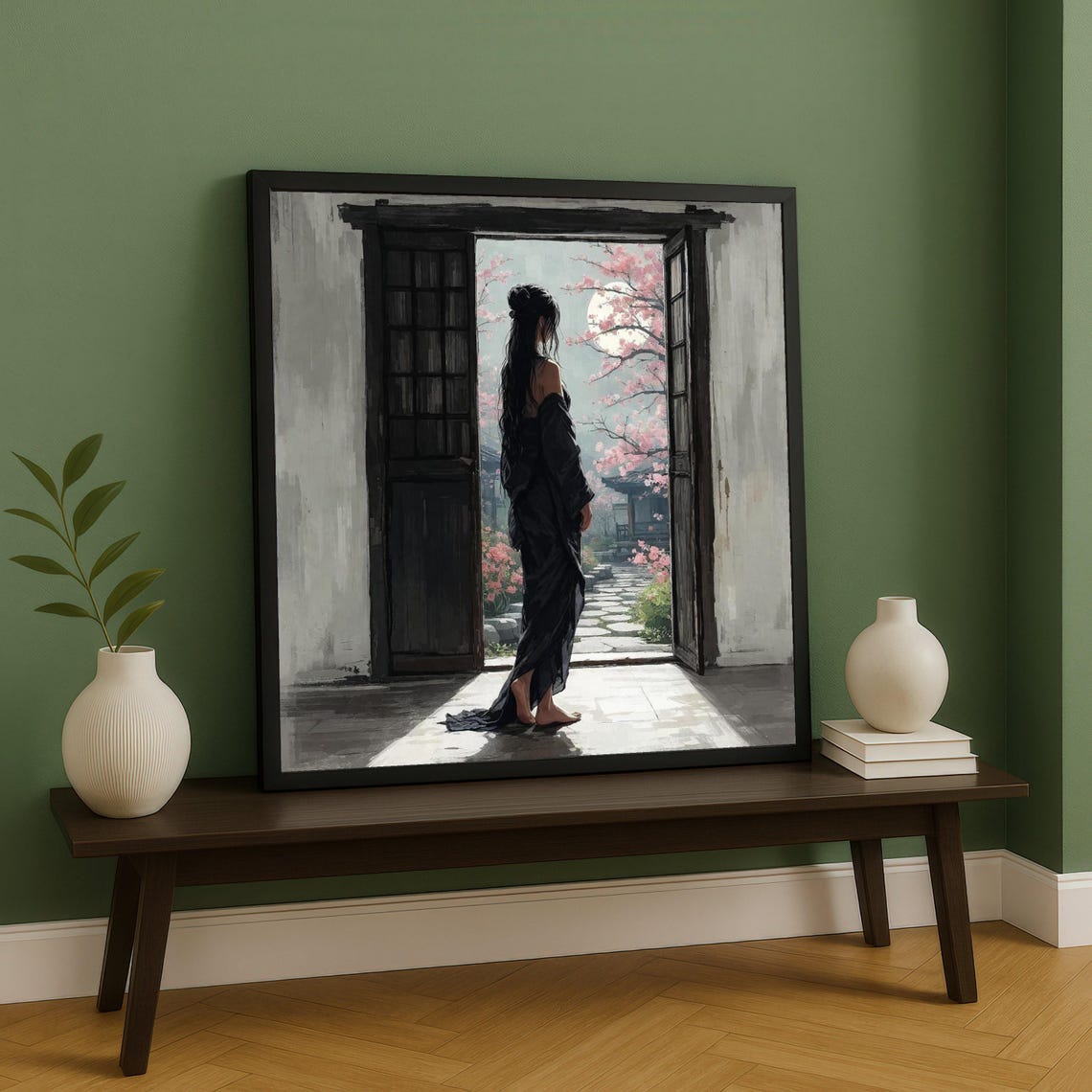 Woman Black Kimono Doorway Cherry Blossom Moon Serene Art Poster