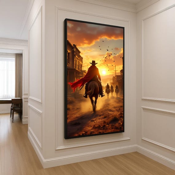 Western Cowboy Sunset Ride Canvas Old Town Horseback Scene Wild West Wall Art Dramatic Landscape Rustic Home Decor