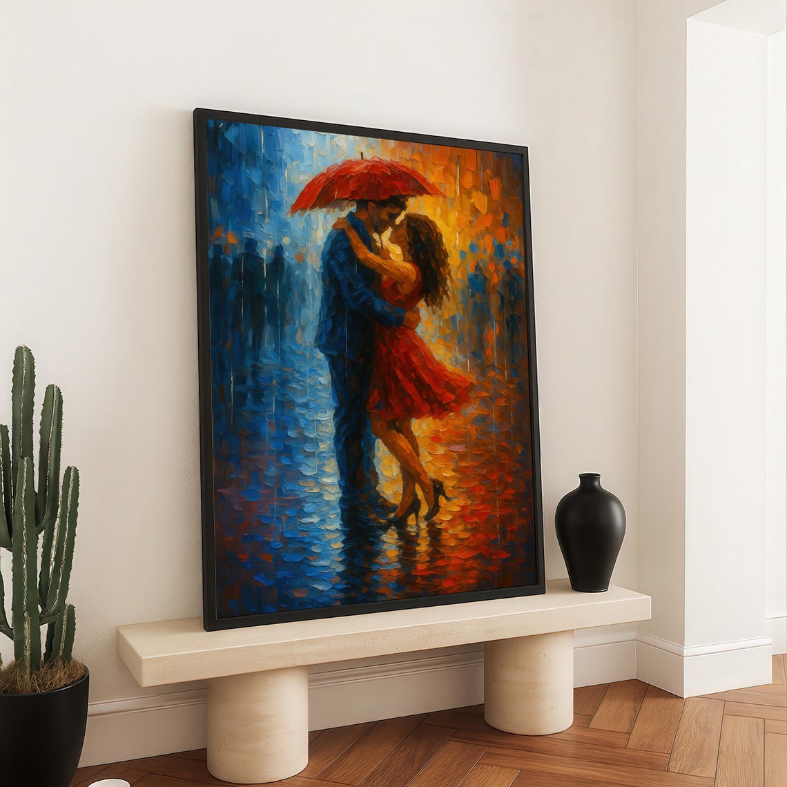 Romantic Couple Kissing In Rain With Red Umbrella Painting Print