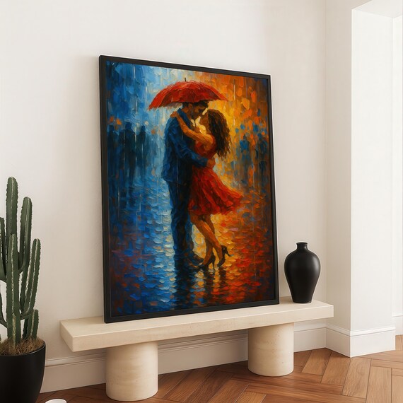 Romantic Couple In Rain Canvas Colorful Love Scene Wall Art Abstract Red Umbrella Painting Print