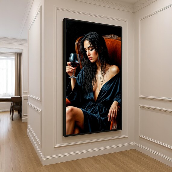 Elegant Woman Wine Glass Dark Robe Sensual Boudoir Art Poster