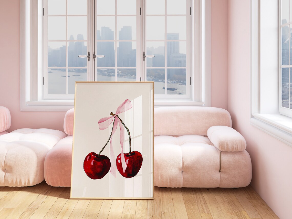 Cherry Bow Print, Coquette Bedroom Decor Art Print - Image 2
