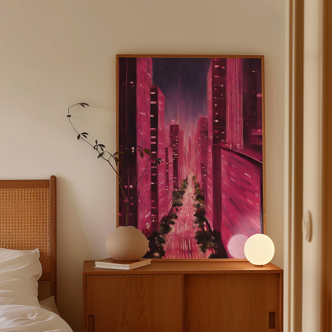 Pink Magenta Night City Skyline Aerial Street Painterly View Poster - Image 4