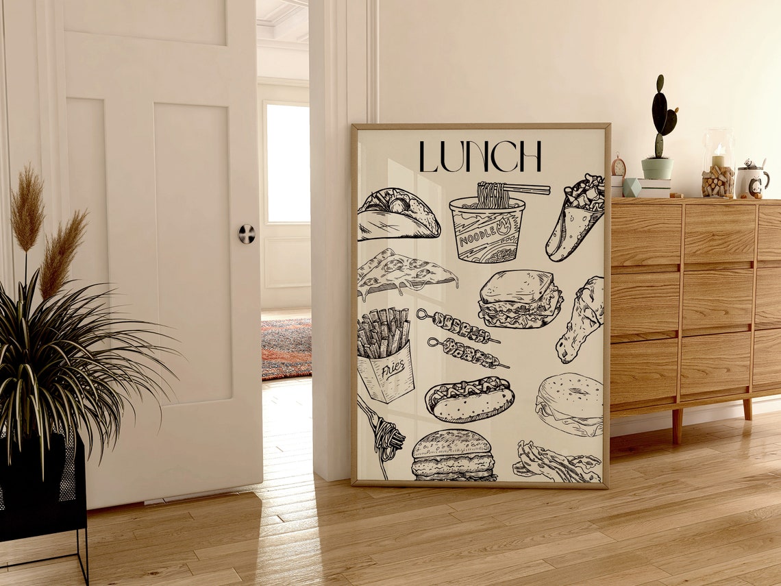 Lunch Food Sketch Black Line Art Kitchen Decor Cafe Menu Poster - Image 3