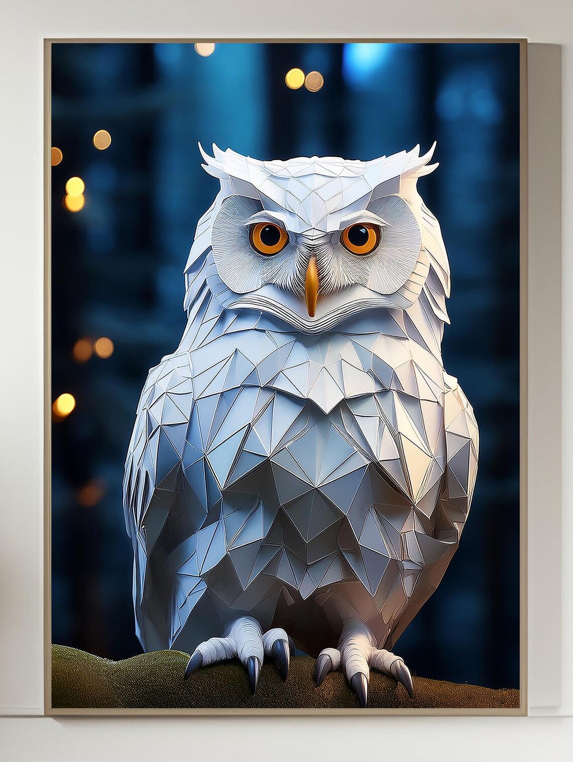 Geometric White Owl Paper Art Amber Eyes Night Moody Animal Wall Art Poster - Image 3