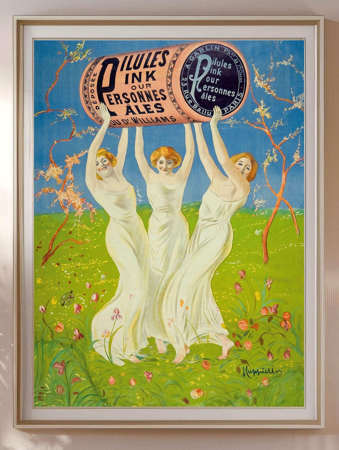 Vintage French Pink Pills Advertising Poster Three Graces Design - Image 4