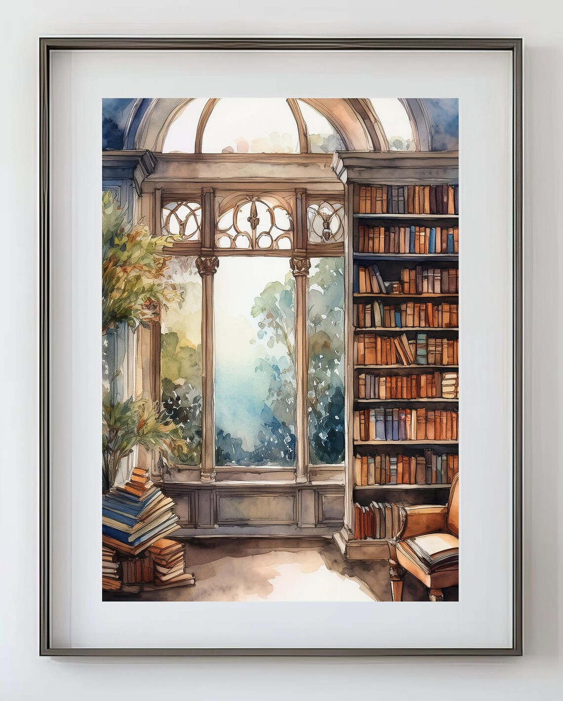 Library Window Watercolor Cozy Bookshelf Reading Nook Book Lover Wall Art Poster - Image 2