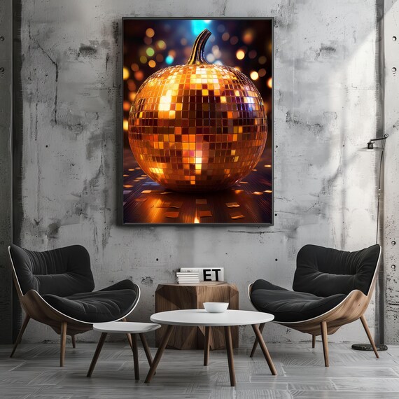 Disco Ball Pumpkin Mirror Tile Fall Party Night Scene Art Poster